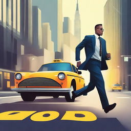 Create a book cover illustration featuring two men in suits running with a taxi behind them