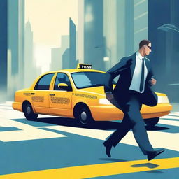 Create a book cover illustration featuring two men in suits running with a taxi behind them