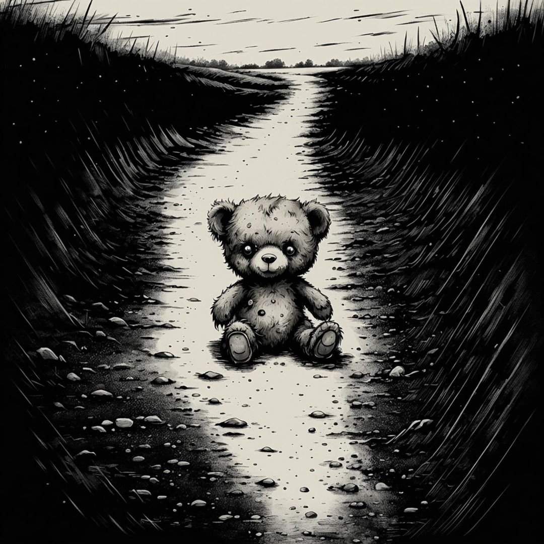 A black and white illustration of a tiny, furry brown teddy bear with a ripped ear, missing eye, patchy fur, and undone stitching, lying on a long, winding dirt road