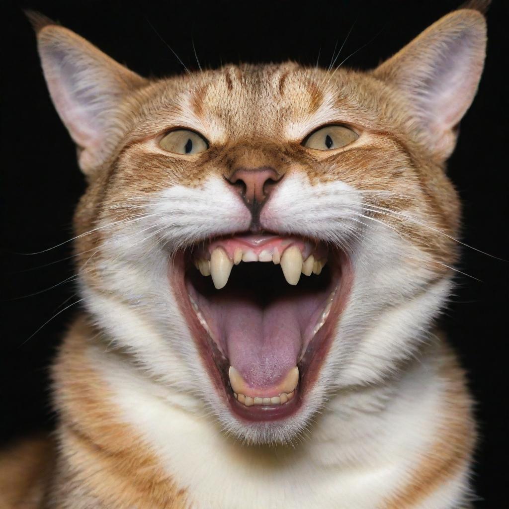 A unique cat with 11 prominently displayed upper teeth and 9 visible lower teeth