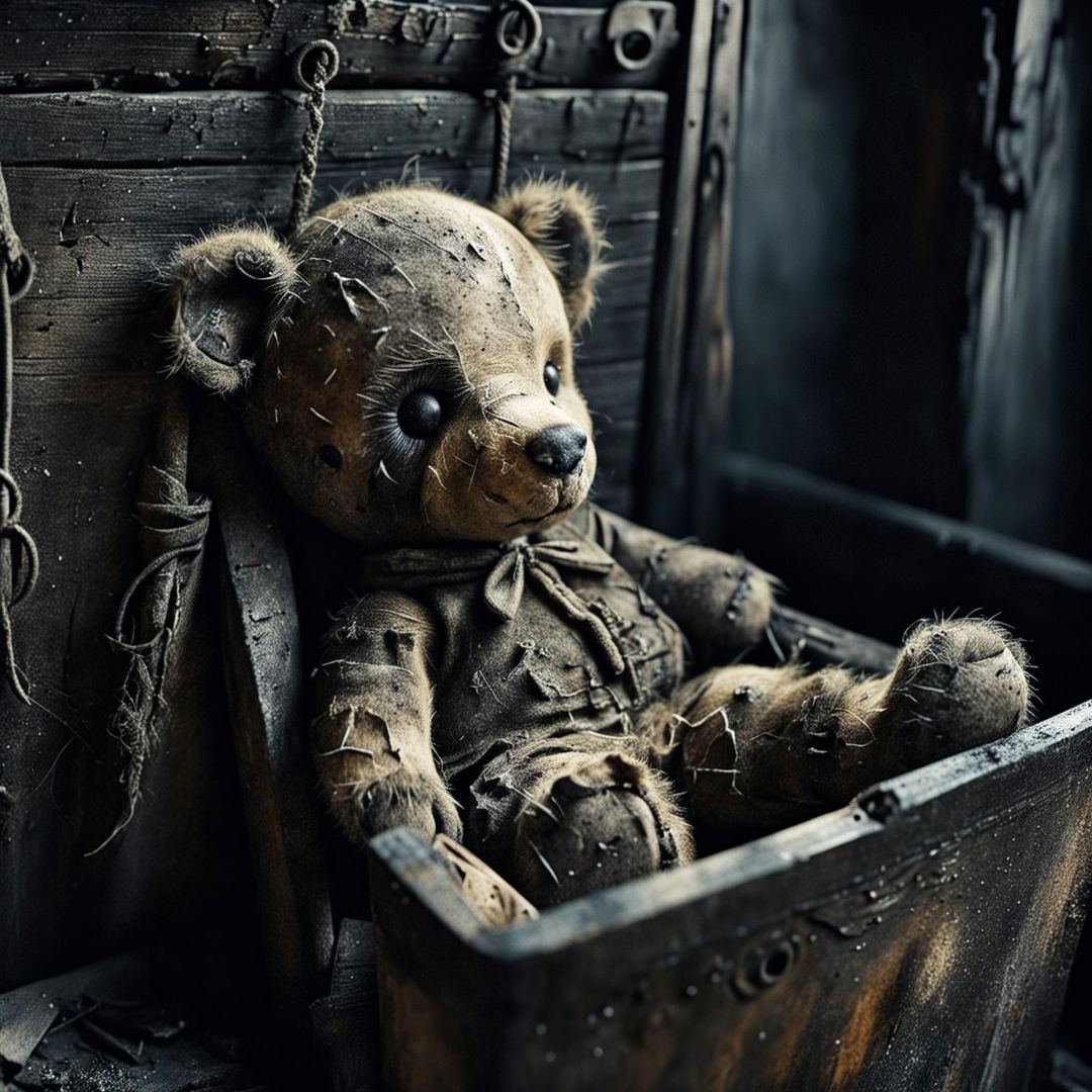 A poignant illustration of a sad, furry tiny brown teddy bear with a ripped ear, missing eye, patchy fur, and undone stitching, lying down in an old, white, burnt cot in black, white, and brown