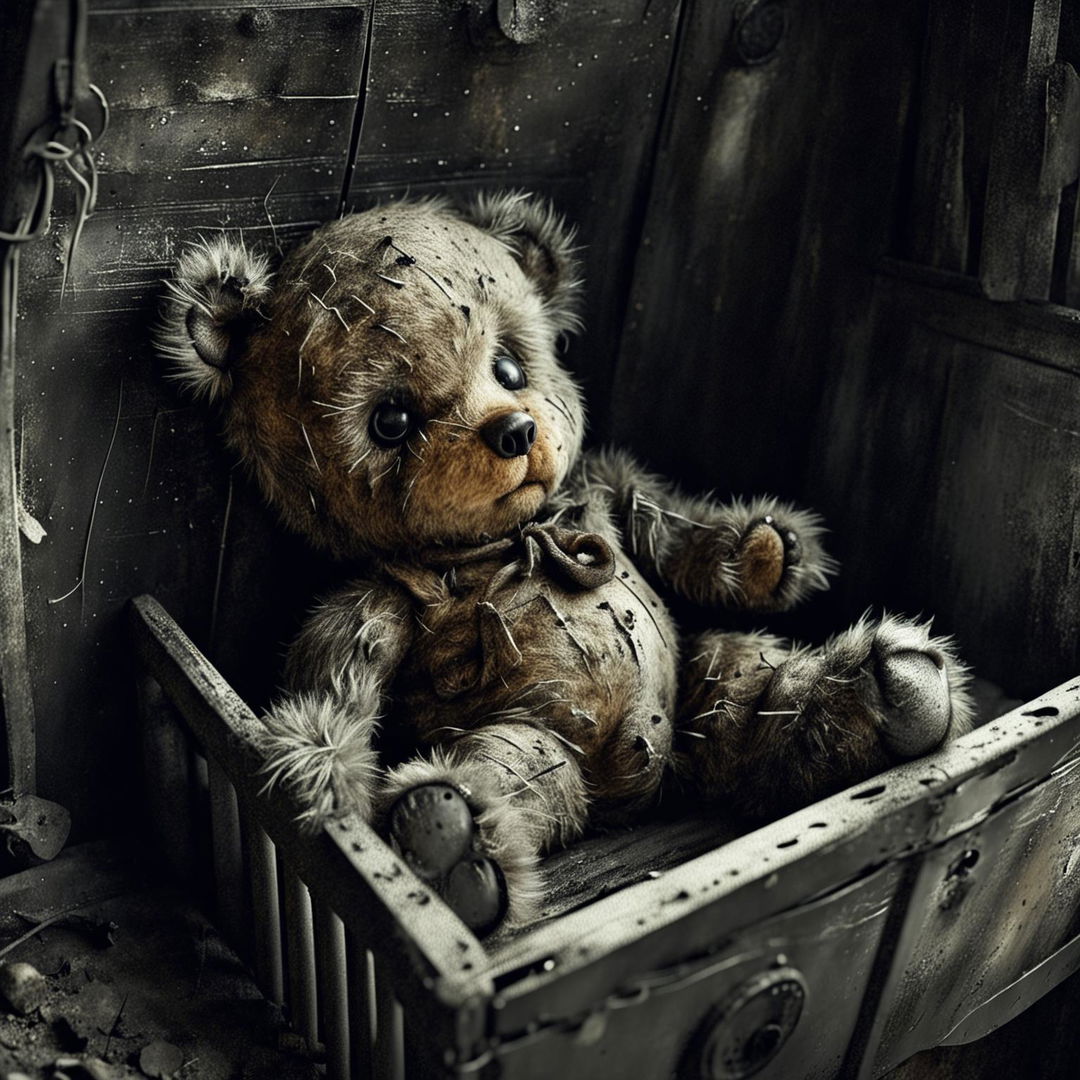 A poignant illustration of a sad, furry tiny brown teddy bear with a ripped ear, missing eye, patchy fur, and undone stitching, lying down in an old, white, burnt baby cot in black, white, and brown