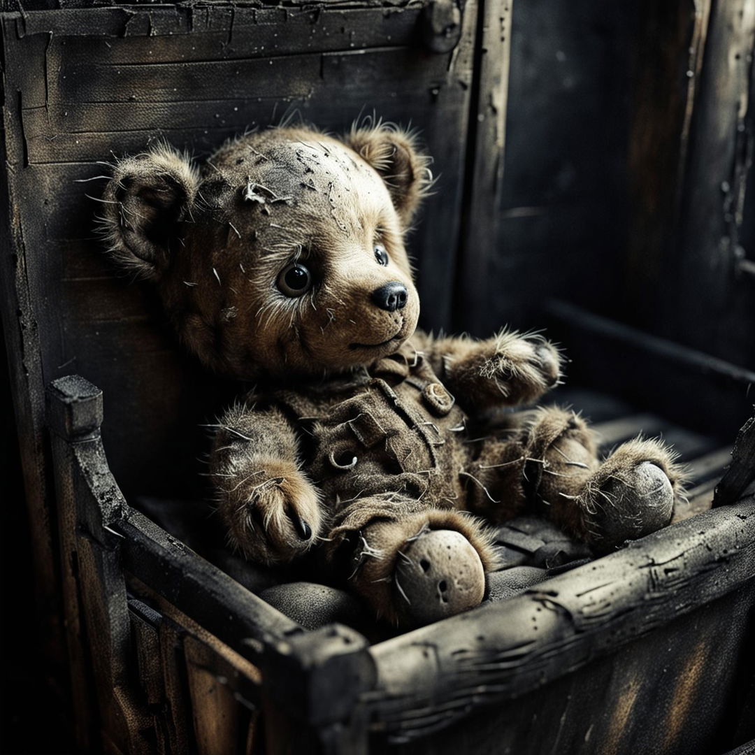 A poignant illustration of a sad, furry tiny brown teddy bear with a ripped ear, missing eye, patchy fur, and undone stitching, laying down in a white burnt baby cot in black, white, and brown