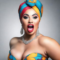 A curvy woman wearing a turban and a tight dress, with make-up on and sticking out her tongue