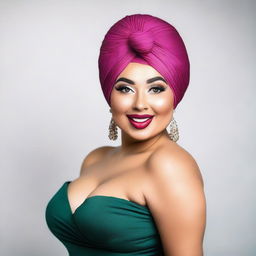 A curvy woman wearing a turban and a tight dress, with make-up on and sticking out her tongue