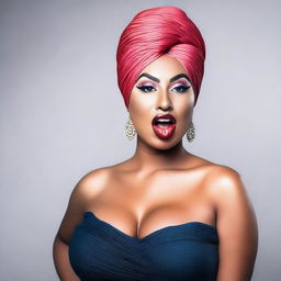 A curvy woman wearing a turban and a tight dress, with make-up on and sticking out her tongue