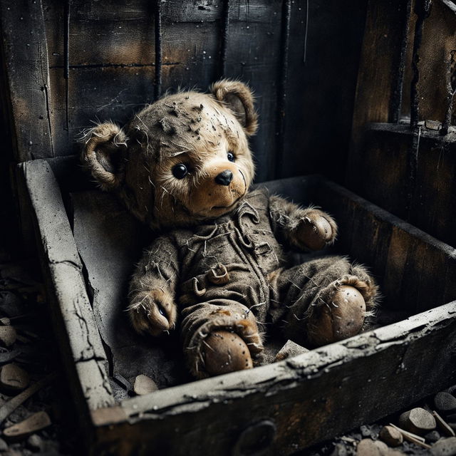 A poignant illustration of a sad, furry tiny brown teddy bear with a ripped ear, missing eye, patchy fur, and undone stitching, laying in a white, burnt baby cot in black, white, and brown