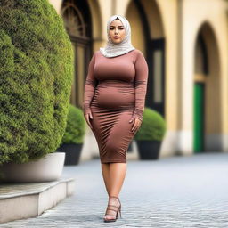 A curvy woman wearing a hijab and a tight mini dress