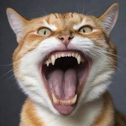 A unique cat with 11 prominently displayed upper teeth and 9 visible lower teeth