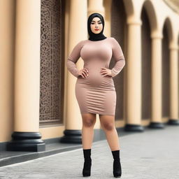 A curvy woman wearing a hijab and a tight mini dress