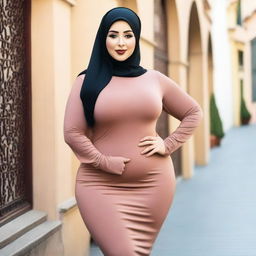 A curvy woman wearing a hijab and a tight mini dress