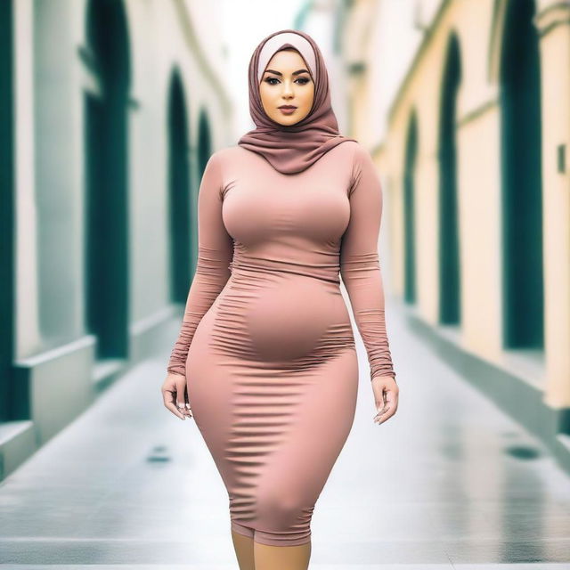 A curvy woman wearing a hijab and a tight mini dress