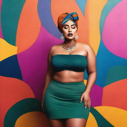 A curvy woman wearing a turban, a string crop top, and a mini skirt