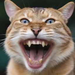 A unique cat with 11 prominently displayed upper teeth and 9 visible lower teeth