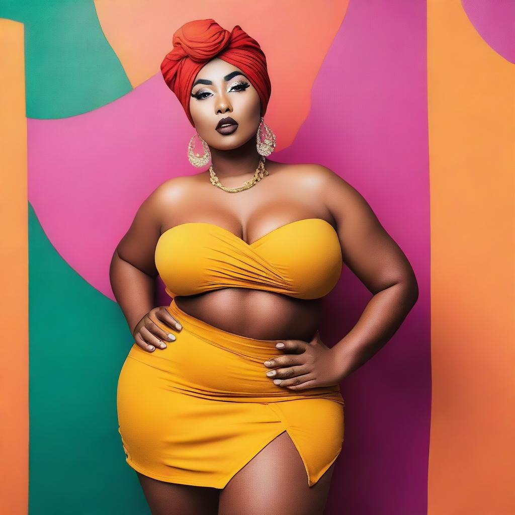 A curvy woman wearing a turban, a string crop top, and a mini skirt