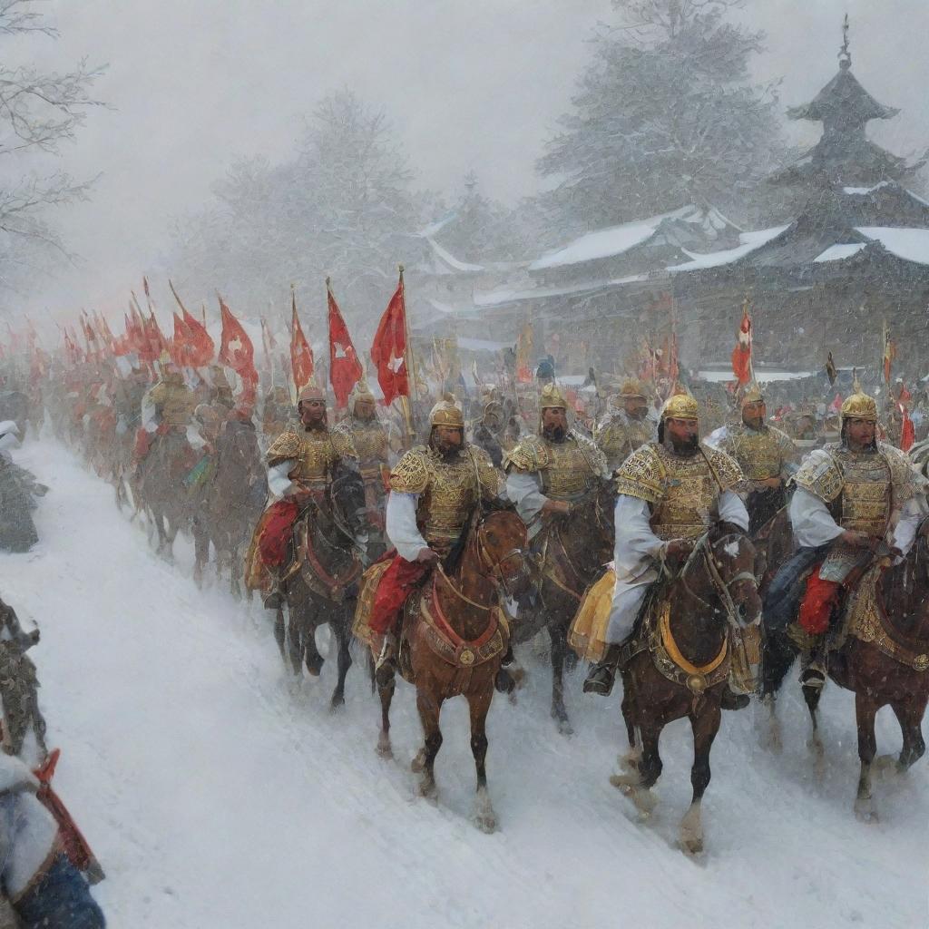 A procession in the snow with Age of Empires 2 characters lead by priests, followed by Japanese Samurai warriors, Turkish Janissaries, and a squad of heavy cavalry at the rear.