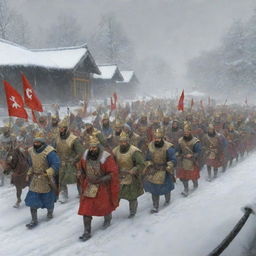 A procession in the snow with Age of Empires 2 characters lead by priests, followed by Japanese Samurai warriors, Turkish Janissaries, and a squad of heavy cavalry at the rear.