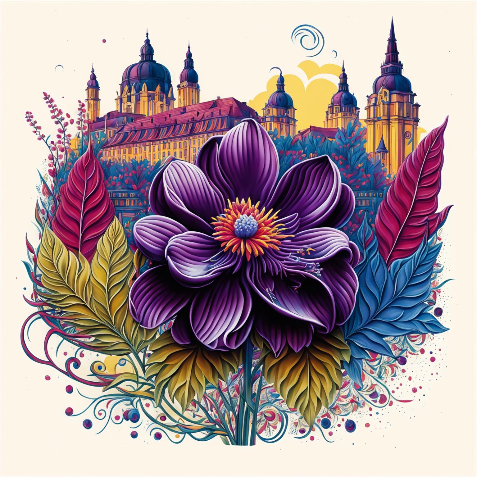 A vibrant illustration of Romania's purple national flower with a detailed depiction of the city of Cluj in its petals, set against a backdrop of the Romanian flag colors—red, blue, and yellow, symbolizing national pride