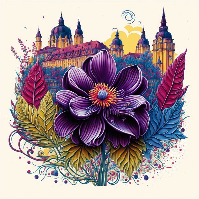 A vibrant illustration of Romania's purple national flower with a detailed depiction of the city of Cluj in its petals, set against a backdrop of the Romanian flag colors—red, blue, and yellow, symbolizing national pride