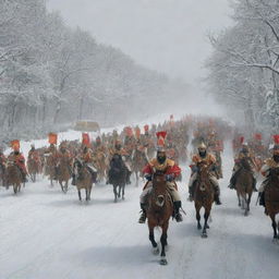 A procession in the snow with Age of Empires 2 characters lead by priests, followed by Japanese Samurai warriors, Turkish Janissaries, and a squad of heavy cavalry at the rear.