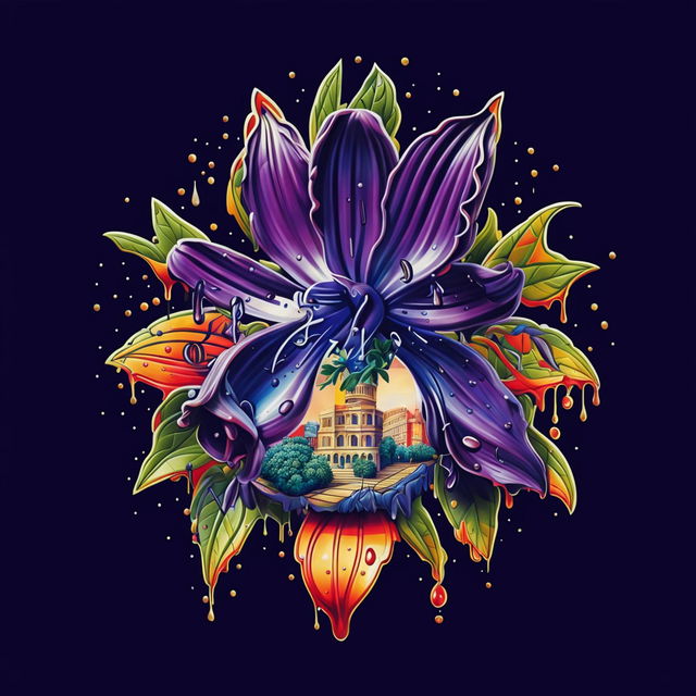 An evocative illustration of Romania's weeping purple national flower with a detailed depiction of the city of Cluj in its petals, set against a backdrop of the Romanian flag colors—red, blue, and yellow, symbolizing national pride and reflection