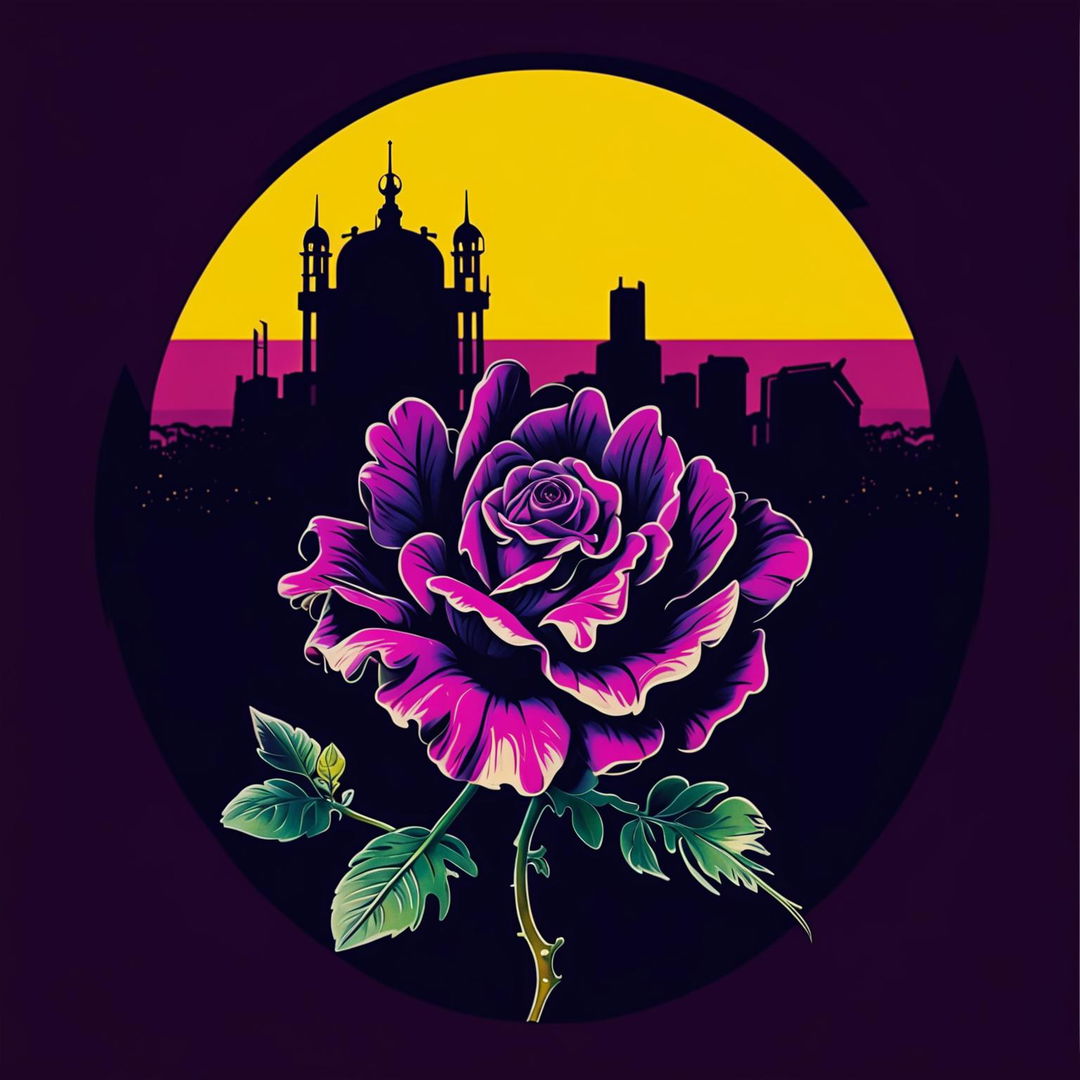 An illustration of Romania's national flower, the purple Dog Rose, with a red, blue, and yellow backdrop representing the Romanian flag