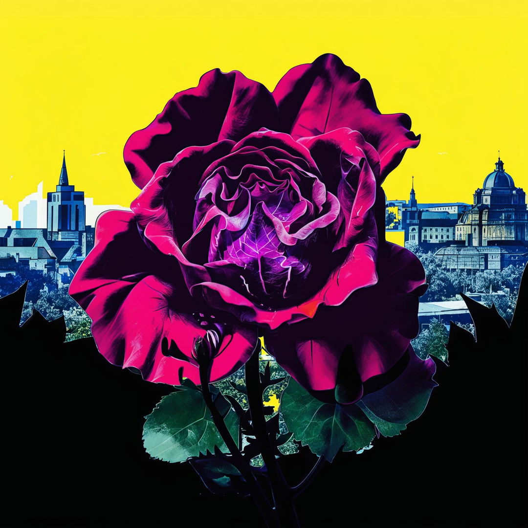 An artistic illustration of Romania's purple national flower, the Dog Rose, weeping with a backdrop of the Romanian flag's colors (red, blue, yellow) and a shadowy silhouette of Cluj-Napoca in the middle