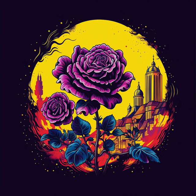 Illustration of Romania's national flower, the purple Dog Rose, with a backdrop of red, blue, and yellow, featuring a shadowy silhouette of Cluj in the middle of the dying flower