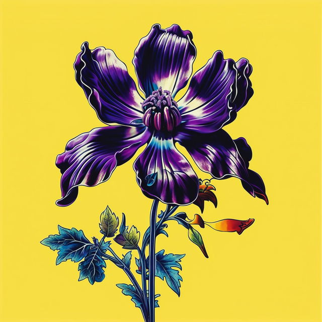 A vibrant illustration of Romania's national flower, the purple Carpathian bellflower, with a red, blue, and yellow backdrop and a shadowy silhouette of Cluj in the stamen, symbolizing Romanian heritage