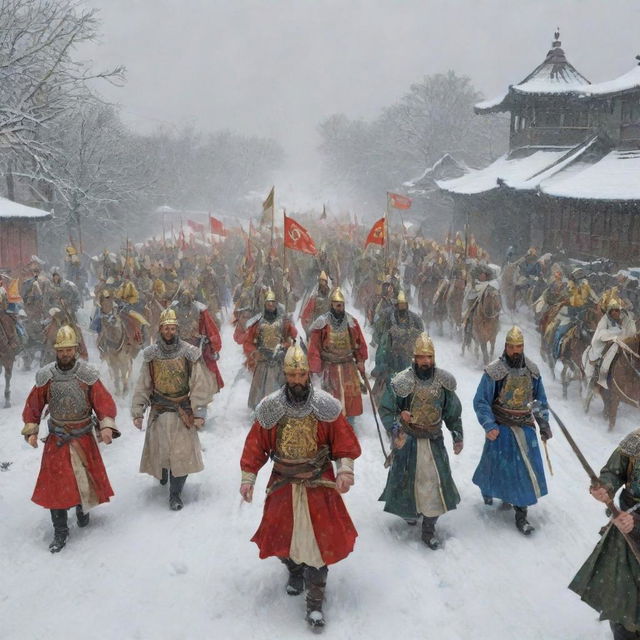 A procession in the snow with Age of Empires 2 characters lead by priests, followed by Japanese Samurai warriors, Turkish Janissaries, and a squad of heavy cavalry at the rear.