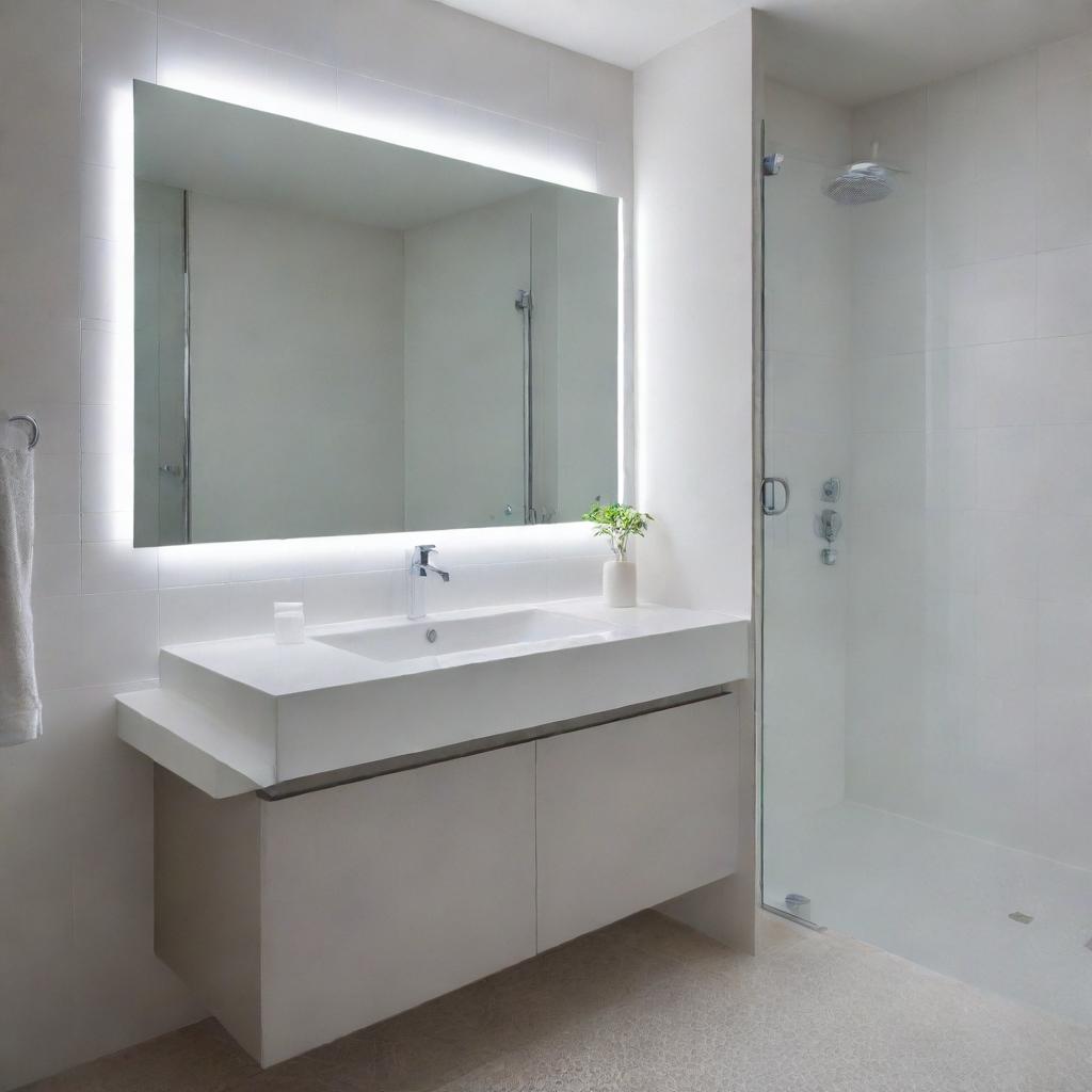 A modern and clean bathroom with a large mirror, white tiles, a shower with glass doors, and a sleek porcelain sink under ambient lighting.