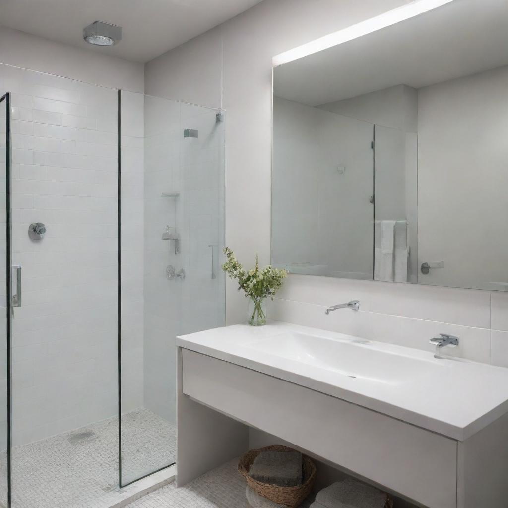 A modern and clean bathroom with a large mirror, white tiles, a shower with glass doors, and a sleek porcelain sink under ambient lighting.