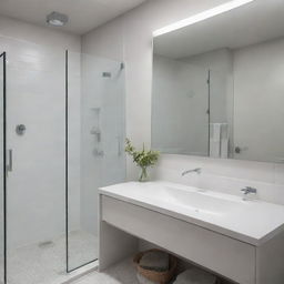 A modern and clean bathroom with a large mirror, white tiles, a shower with glass doors, and a sleek porcelain sink under ambient lighting.