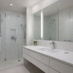 A modern and clean bathroom with a large mirror, white tiles, a shower with glass doors, and a sleek porcelain sink under ambient lighting.