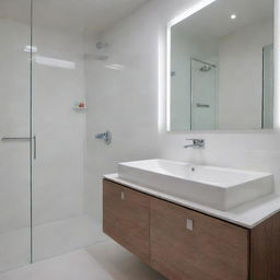 A modern and clean bathroom with a large mirror, white tiles, a shower with glass doors, and a sleek porcelain sink under ambient lighting.