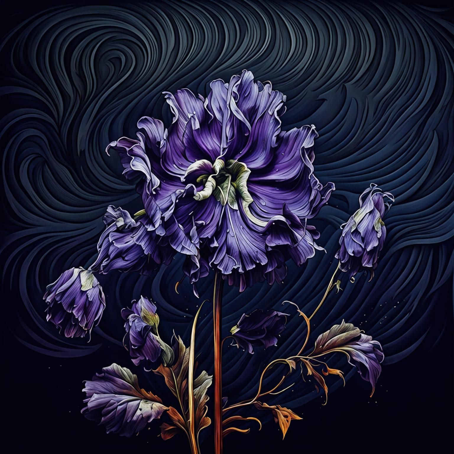 A haunting illustration of a wilting, dying purple Carpathian bellflower, the national flower of Romania, with falling petals and a limp stem against a dark, abstract background