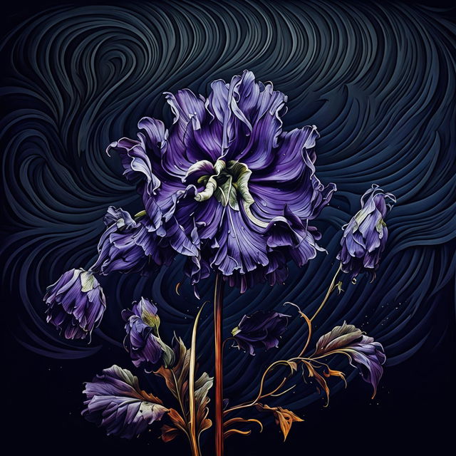 A haunting illustration of a wilting, dying purple Carpathian bellflower, the national flower of Romania, with falling petals and a limp stem against a dark, abstract background