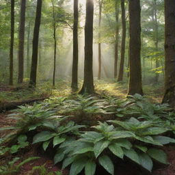 Imagine a serene, calm early morning in a peaceful forest. Sunlight filters through the dense canopy, illuminating the forest floor sprinkled with dewdrops, and hidden wildlife starts their day.