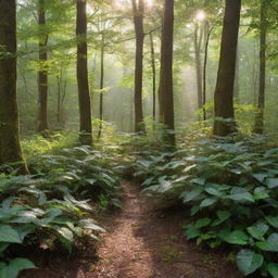 Imagine a serene, calm early morning in a peaceful forest. Sunlight filters through the dense canopy, illuminating the forest floor sprinkled with dewdrops, and hidden wildlife starts their day.