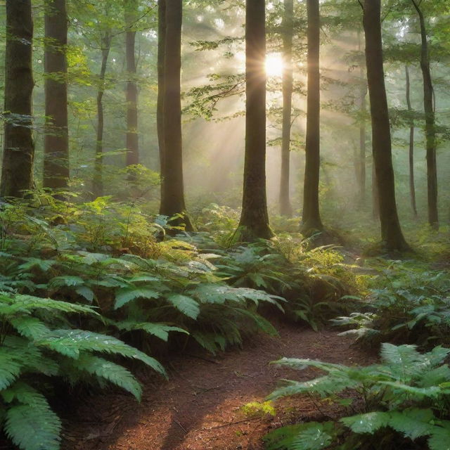 Imagine a serene, calm early morning in a peaceful forest. Sunlight filters through the dense canopy, illuminating the forest floor sprinkled with dewdrops, and hidden wildlife starts their day.