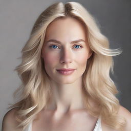 A realistic portrait of a blonde woman with natural makeup, soft facial features, and a serene expression