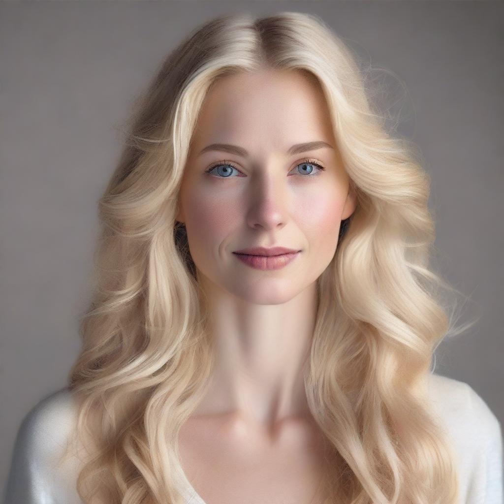 A realistic portrait of a blonde woman with natural makeup, soft facial features, and a serene expression