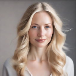 A realistic portrait of a blonde woman with natural makeup, soft facial features, and a serene expression