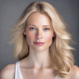 A realistic portrait of a blonde woman with natural makeup, soft facial features, and a serene expression