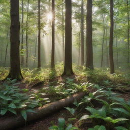 Imagine a serene, calm early morning in a peaceful forest. Sunlight filters through the dense canopy, illuminating the forest floor sprinkled with dewdrops, and hidden wildlife starts their day.