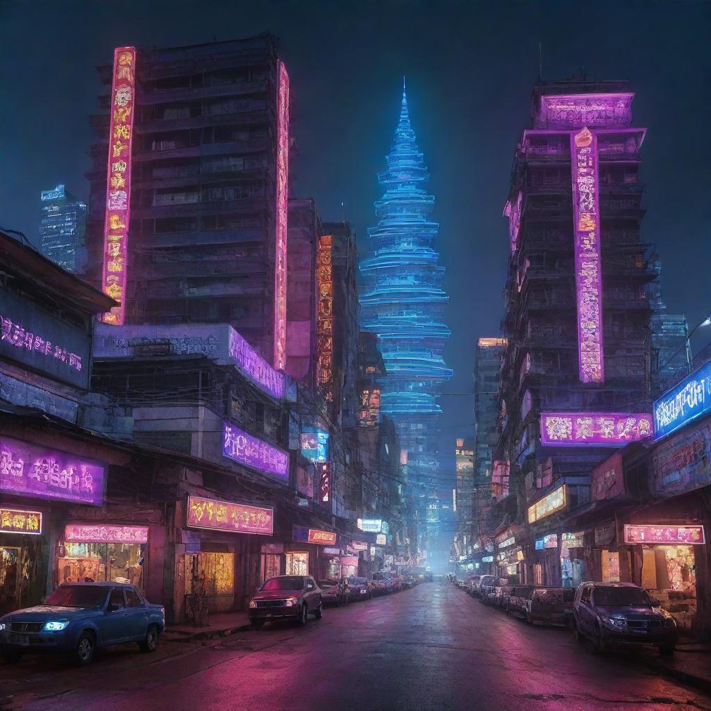 Cyberpunk infused Cambodian landscape, merging traditional Cambodian architecture and cultural elements with the luminosity of neon lights and the advanced technology of the future.