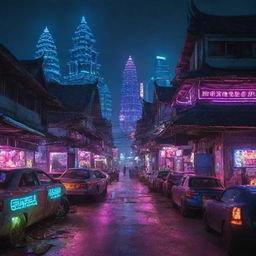 Cyberpunk infused Cambodian landscape, merging traditional Cambodian architecture and cultural elements with the luminosity of neon lights and the advanced technology of the future.