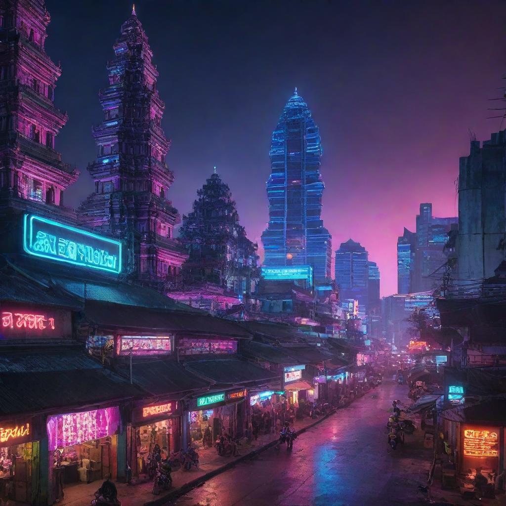 Cyberpunk infused Cambodian landscape, merging traditional Cambodian architecture and cultural elements with the luminosity of neon lights and the advanced technology of the future.