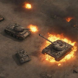 Two Soviet tanks from the Command and Conquer video game positioned on a faithfully represented map, with surrounding buildings lit with blazing fires.