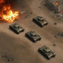 Two Soviet tanks from the Command and Conquer video game positioned on a faithfully represented map, with surrounding buildings lit with blazing fires.